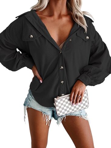 APOFER Women Corduroy Oversized Shacket Drop Shoulder Long Blouson Sleeve Button Down Shirt Boyfriend Jacket Casual Fall Tops in Saudi Arabia