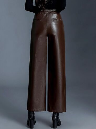 Women's Faux Leather Pants Elastic High Waist Wide Leg PU Leather Trousers in Saudi Arabia