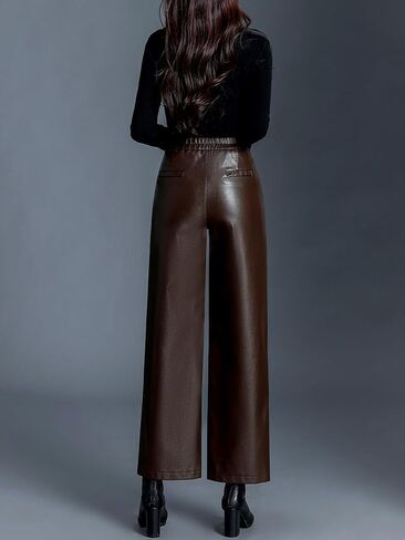 Women's Faux Leather Pants Elastic High Waist Wide Leg PU Leather Trousers in Saudi Arabia