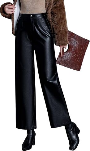 Women's Faux Leather Pants Elastic High Waist Wide Leg PU Leather Trousers in Saudi Arabia
