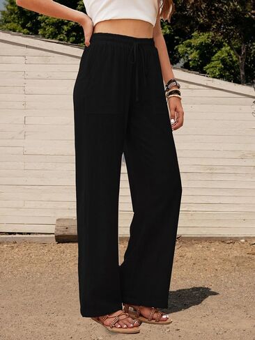 Women Linen Pants Casual Loose High Waist Boho Wide Leg Cropped Palazzo Beach Pants in Kuwait