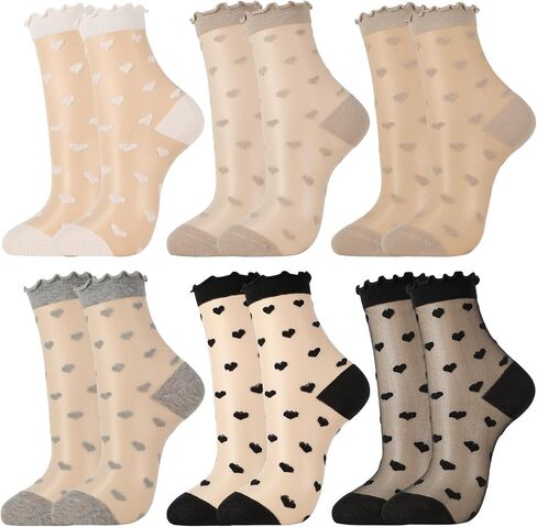 6 Pairs Women Sheer Ruffle Socks Cute Polka Dot Summer Mesh Nylon Socks Summer Thin Lace See Through Sock in Saudi Arabia