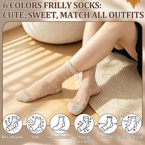 6 Pairs Women Sheer Ruffle Socks Cute Polka Dot Summer Mesh Nylon Socks Summer Thin Lace See Through Sock in Saudi Arabia