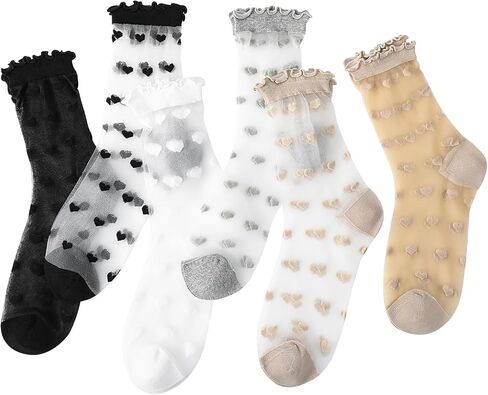 6 Pairs Women Sheer Ruffle Socks Cute Polka Dot Summer Mesh Nylon Socks Summer Thin Lace See Through Sock in Saudi Arabia