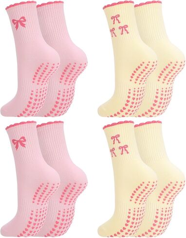 4 Pairs Cute Pilates Sock with Grips for Women Pink Bow Socks with Grips for Yoga Barre Ballet Dance in Saudi Arabia
