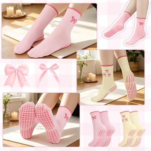 4 Pairs Cute Pilates Sock with Grips for Women Pink Bow Socks with Grips for Yoga Barre Ballet Dance in Saudi Arabia