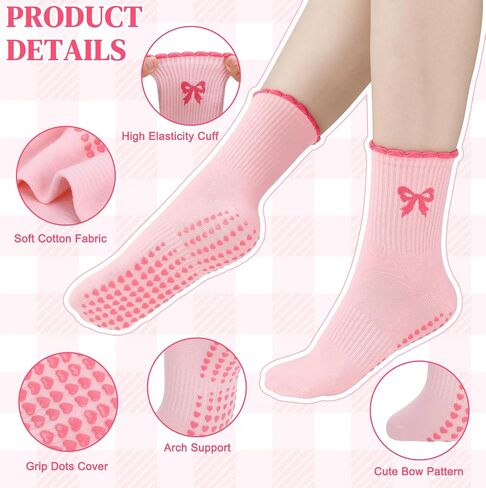 4 Pairs Cute Pilates Sock with Grips for Women Pink Bow Socks with Grips for Yoga Barre Ballet Dance in Saudi Arabia