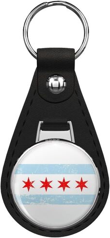 Chicago Flag Grunge Black Leather Key Chain Keychain in Saudi Arabia