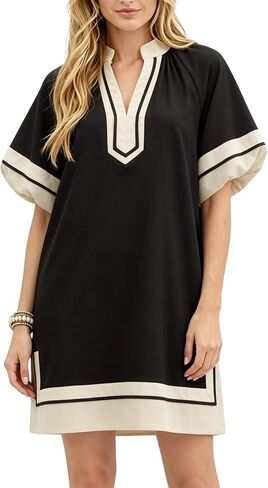 Esmeling Women’s Color Block Pullover Dress V Neck Puff Sleeve Shirt Dress Casual Mini Dress with Pockets in Kuwait
