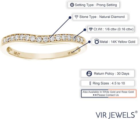 VIR JEWELS خاتم زفاف ماسي من 0.16 قيراط إلى 0.50 قيراط للنساء، خاتم زفاف ماسي دائري مموج في مجموعة شوكات ذهبية عيار 14 قيراط، مقاس 4.5-10 in Kuwait