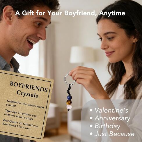 Boyfriend Crystal Keychain, Natural Gemstone Beads for Him, Cute Key Ring Charm Gift, Valentine’s Day Gift for Him in Saudi Arabia