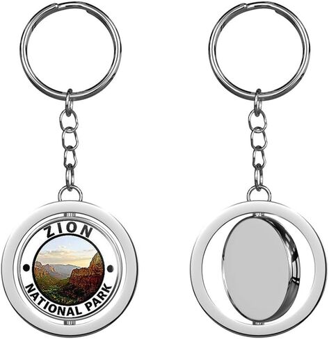 Round Zion National Park - Hike Utah Desert rv Travel ut Keychain Spinning Round Chrome Metal Key Chain in Saudi Arabia