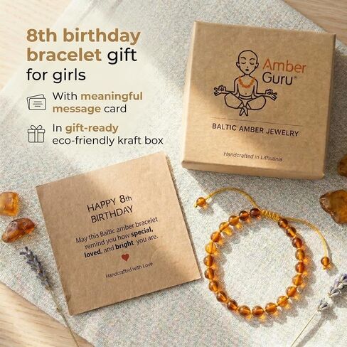 8 Year Old Girl Birthday Gift - Adjustable Baltic Amber Bracelet for Girls - Genuine Beaded Jewelry Gifts for 8 Year Old Girls - Handmade Happy Birthday Bracelets - Cognac Color, Polished Beads in Saudi Arabia