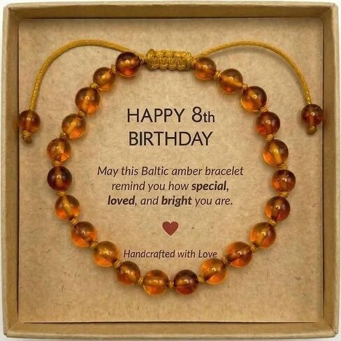8 Year Old Girl Birthday Gift - Adjustable Baltic Amber Bracelet for Girls - Genuine Beaded Jewelry Gifts for 8 Year Old Girls - Handmade Happy Birthday Bracelets - Cognac Color, Polished Beads in Saudi Arabia