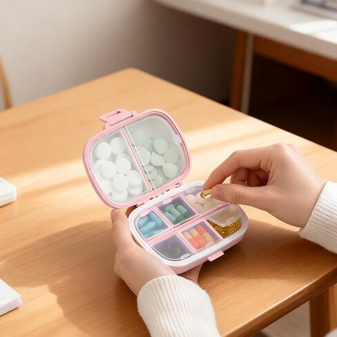 Travel Pill Organizer Portable Waterproof Pill Box with 8 Compartments Compact Medicine Case for Vitamin Supplements Capsules and Daily Pills Storage(Pink) in Kuwait