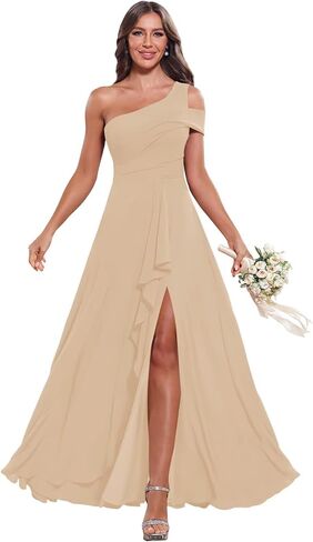 Basgute Women's One Shoulder Bridesmaid Dresses for Wedding Chiffon Long Pleated Formal Evening Gown with Slit in Saudi Arabia