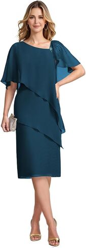Chiffon Mother of The Bride Dresses for Women with Ruffle Beaded Cape Sleeves Wedding Guest Gown HX016 in Saudi Arabia