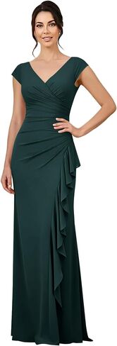 Women's V Neck Cap Sleeve Mother of The Bride Dress Long Mermaid Ruched Evening Gown with Side Ruffle for Wedding Guest in Saudi Arabia