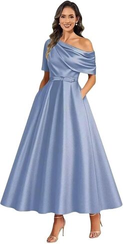 A Line Tea Length Mother of The Bride Dresses for Women One Shoulder Satin Flowy Puffy Formal Ball Gown with Pockets in Saudi Arabia