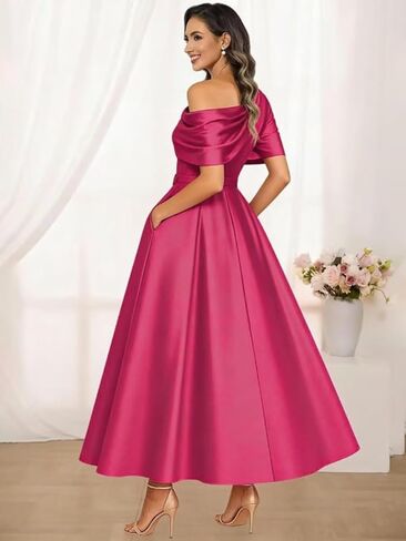 A Line Tea Length Mother of The Bride Dresses for Women One Shoulder Satin Flowy Puffy Formal Ball Gown with Pockets in Saudi Arabia
