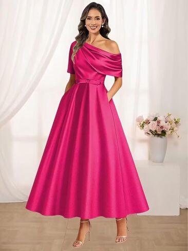 A Line Tea Length Mother of The Bride Dresses for Women One Shoulder Satin Flowy Puffy Formal Ball Gown with Pockets in Saudi Arabia