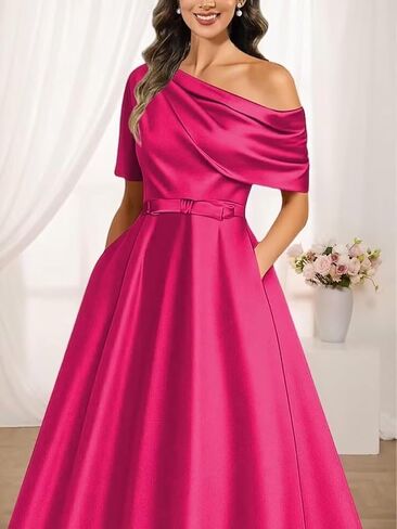 A Line Tea Length Mother of The Bride Dresses for Women One Shoulder Satin Flowy Puffy Formal Ball Gown with Pockets in Saudi Arabia