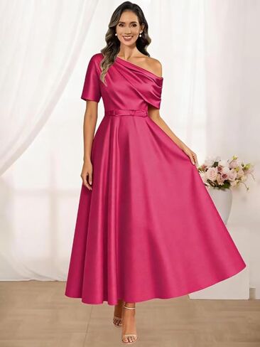 A Line Tea Length Mother of The Bride Dresses for Women One Shoulder Satin Flowy Puffy Formal Ball Gown with Pockets in Saudi Arabia