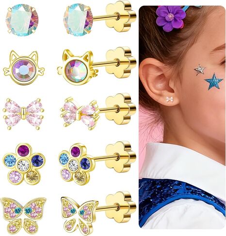 Hypoallergenic Flat Back Earrings for Women Surgical Steel Screw Back Earring for Sensitive Ears 14k Real Gold Plated Catrilage CZ Bow Butterfly Flower Earrings Studs in Saudi Arabia
