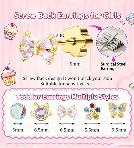 Hypoallergenic Flat Back Earrings for Women Surgical Steel Screw Back Earring for Sensitive Ears 14k Real Gold Plated Catrilage CZ Bow Butterfly Flower Earrings Studs in Saudi Arabia