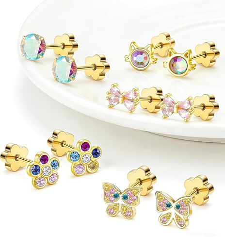 Hypoallergenic Flat Back Earrings for Women Surgical Steel Screw Back Earring for Sensitive Ears 14k Real Gold Plated Catrilage CZ Bow Butterfly Flower Earrings Studs in Saudi Arabia