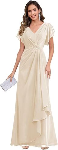 Long Chiffon Mother of The Bride Dresses for Women 2025 V-Neck Ruffle Sleeves A-Line Wedding Formal Gown in Saudi Arabia
