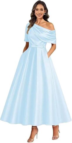 A Line Tea Length Mother of The Bride Dresses for Women One Shoulder Satin Flowy Puffy Formal Ball Gown with Pockets in Saudi Arabia