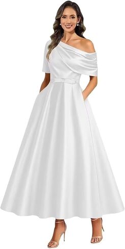 A Line Tea Length Mother of The Bride Dresses for Women One Shoulder Satin Flowy Puffy Formal Ball Gown with Pockets in Saudi Arabia