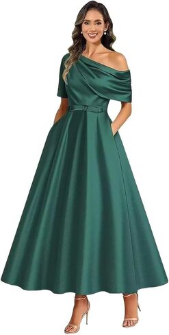 A Line Tea Length Mother of The Bride Dresses for Women One Shoulder Satin Flowy Puffy Formal Ball Gown with Pockets in Saudi Arabia