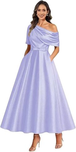 A Line Tea Length Mother of The Bride Dresses for Women One Shoulder Satin Flowy Puffy Formal Ball Gown with Pockets in Saudi Arabia