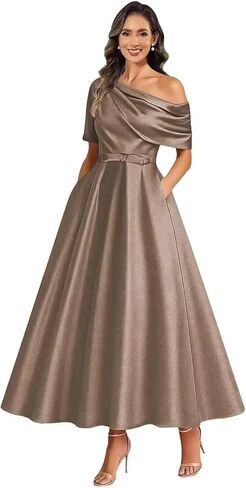 A Line Tea Length Mother of The Bride Dresses for Women One Shoulder Satin Flowy Puffy Formal Ball Gown with Pockets in Saudi Arabia