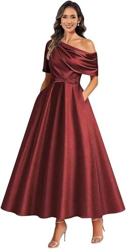 A Line Tea Length Mother of The Bride Dresses for Women One Shoulder Satin Flowy Puffy Formal Ball Gown with Pockets in Saudi Arabia