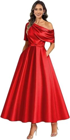 A Line Tea Length Mother of The Bride Dresses for Women One Shoulder Satin Flowy Puffy Formal Ball Gown with Pockets in Saudi Arabia