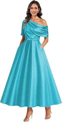 A Line Tea Length Mother of The Bride Dresses for Women One Shoulder Satin Flowy Puffy Formal Ball Gown with Pockets in Saudi Arabia
