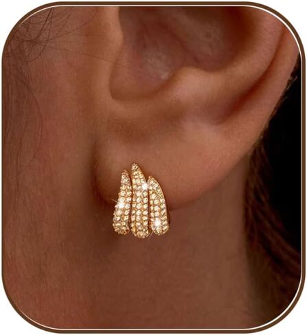 XIXINI Gold Earrings For Women, Dainty Stud Earrings 14K Gold Plated Cute Triple Huggie Earrings for Women Trendy Hypoallergenic Statement Gold Studs Earrings Fashion Unique Stud Earring Jewelry in Saudi Arabia