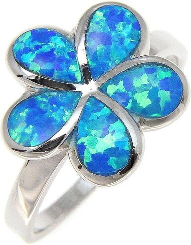 Arthur's Jewelry Sterling silver 925 Hawaiian plumeria flower blue synthetic opal ring size 5-10 in Kuwait