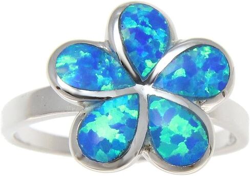 Arthur's Jewelry Sterling silver 925 Hawaiian plumeria flower blue synthetic opal ring size 5-10 in Kuwait
