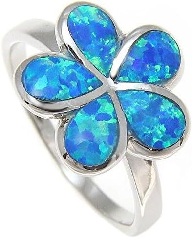 Arthur's Jewelry Sterling silver 925 Hawaiian plumeria flower blue synthetic opal ring size 5-10 in Kuwait