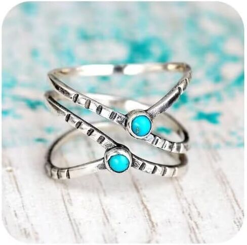 Bohemian Wide Band Turquoise Ring for Women Vintage Openwork Filigree Statement Ring Retro Bohemian Hollow-Out Wide-Band Turquoise Ring Chunky Adjustable Bohemian Silver Ring Size 6 in Saudi Arabia