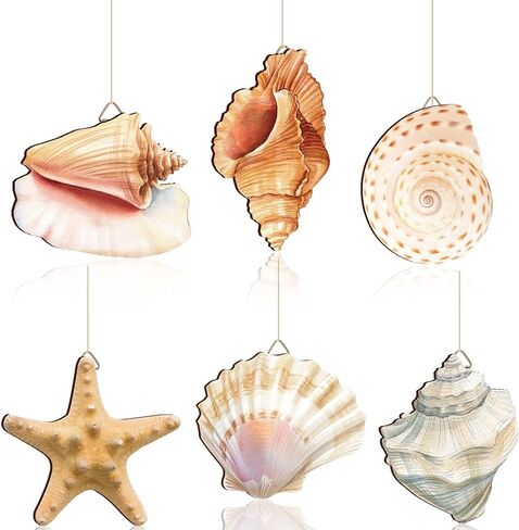 Wesiti 6 Pcs Beach Wall Decor Wooden Seashell Starfish Beach Wall Art Ocean Coastal Rustic Wooden Hanging Ornaments for Summer Bedroom Kitchen Living Room Decorations in Kuwait