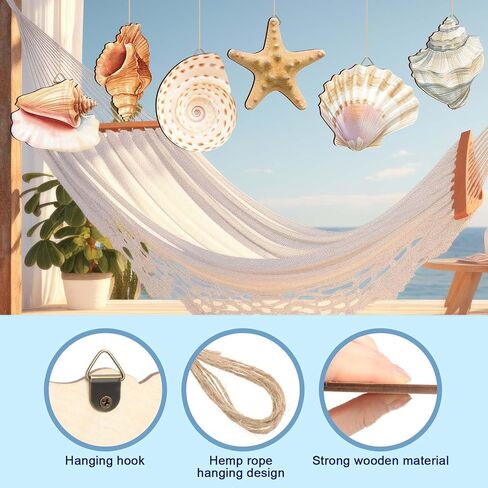Wesiti 6 Pcs Beach Wall Decor Wooden Seashell Starfish Beach Wall Art Ocean Coastal Rustic Wooden Hanging Ornaments for Summer Bedroom Kitchen Living Room Decorations in Kuwait