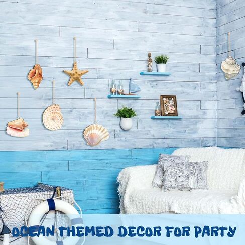 Wesiti 6 Pcs Beach Wall Decor Wooden Seashell Starfish Beach Wall Art Ocean Coastal Rustic Wooden Hanging Ornaments for Summer Bedroom Kitchen Living Room Decorations in Kuwait