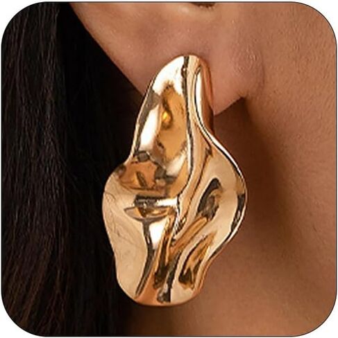 Vintage Statement Gold Liquid Metal Earrings for Women Trendy, Dainty Stylish Chunky Silver Irregular Geometric Stud Earring Prom Party Jewelry Gifts in Saudi Arabia