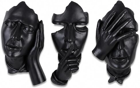 oliruim Abstract Face Wall Sculpture Set of 3, No Hear No See No Speak Resin Wall Art Decor, Minimalist Sculptural Home Accent for Living Room Bedroom Entryway (Black Gold) in Saudi Arabia
