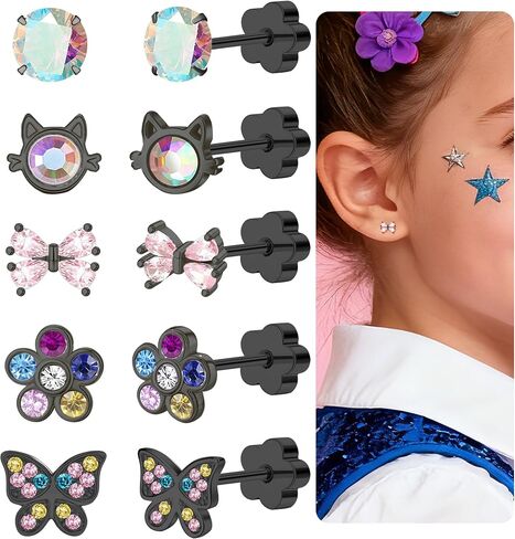Hypoallergenic Flat Back Earrings for Women Surgical Steel Screw Back Earring for Sensitive Ears 14k Real Gold Plated Catrilage CZ Bow Butterfly Flower Earrings Studs in Saudi Arabia